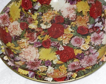 Floral Serving Bowl Metal Tin Tray Bright Fresh Flowers Vintage Daher Decorated Ware