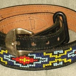 Vintage Black leather Blue glass Seed Bead southwestern festival belt size 29 FullSizeRender_46890d92-aa5f-  main image 4