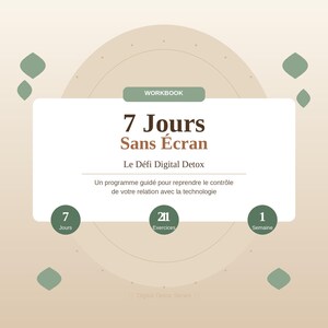 Può includere: Un quaderno intitolato "7 Jours Sans Écran" (7 Giorni Senza Schermo), sottotitolato "Le Défi Digital Detox". La copertina beige presenta dettagli verdi e un rettangolo bianco con testo. Promette un programma guidato per controllare il rapporto con la tecnologia.
