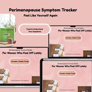 Könnte beinhalten: Das Bild zeigt einen rosa Hintergrund mit Laptop, Tablet und Büchern. Der Text lautet "Perimenopause Symptom Tracker" und "Feel Like Yourself Again". Laptop und Tablet zeigen "Perimenopause Survival Guide" und "Printable + Fillable Tracker."
