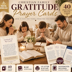 Christian Family Gratitude Prayer Cards Printable | 40 KJV Scripture Prayers | Christian Thanksgiving Devotional | Digital Download
