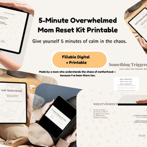 May include: Digital printable kit for overwhelmed moms, featuring a 5-minute anxiety reset. Includes fillable digital and printable options. The kit offers journal pages, an anxiety tracker, quick reset sheets, affirmations, and a series workbook.