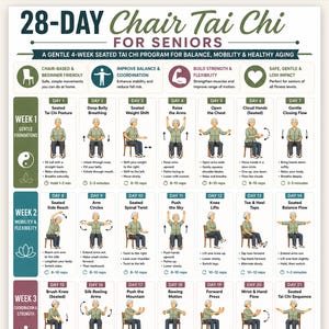 May include: A 28-day chair Tai Chi program chart for seniors featuring illustrated seated exercises, daily movement instructions, and icons for balance and flexibility. The document includes text headers, weekly schedules, and step-by-step guides.