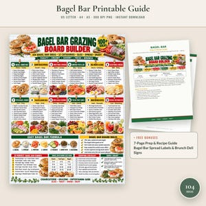 May include: A Bagel Bar Grazing Board Builder printable guide featuring a grid of 12 categories with food lists, a bagel formula, shopping checklist, and board rules. The document includes text, colorful food photos, and a prep guide.