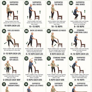 Può includere: Un poster didattico intitolato Standing Exercises for Seniors che presenta 16 illustrazioni numerate di movimenti che utilizzano una sedia come supporto. Ogni sezione include testo che descrive l'esercizio, le ripetizioni e frecce direzionali.