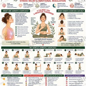 以下が含まれることがあります： Somatic Exercisesと題された教育的なインフォグラフィック。ストレス解消のための身体技法のイラストが描かれています。利点、16種類の穏やかなエクササイズの手順、毎日のルーチン、健康のためのヒントが記載されています。