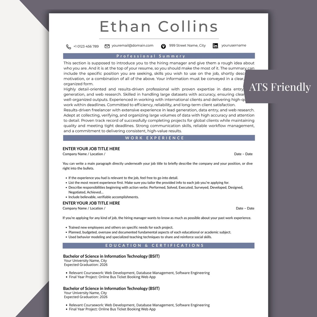 Tech Resume Template Word, ATS Friendly Software Engineer CV Google ...