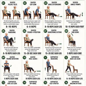 Tabla imprimible de ejercicios de movilidad para la ciática en personas mayores, 16 movimientos suaves sentados en silla para aliviar el nervio ciático, póster en PDF para personas mayores