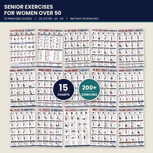 Op de afbeelding: Een verzameling van 15 printbare oefengidsen getiteld Senior Exercises for Women Over 50, met meer dan 200 geïllustreerde bewegingen. De schema's bevatten diverse trainingsroutines zoals full-body, dumbbell, wandelen en rekoefeningen.