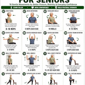 May include: An instructional poster titled POSTURE EXERCISES FOR SENIORS featuring 16 numbered illustrations of individuals performing movements like chin tucks, shoulder rolls, and leg raises with text instructions and repetition counts for each.