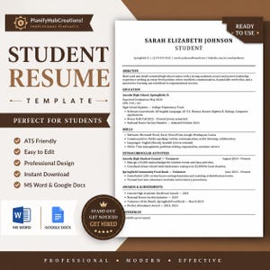 May include: A student resume template with a professional design. The resume is perfect for students and is ATS friendly, easy to edit, and available for instant download in MS Word and Google Docs. The resume includes the text "Student Resume Template".