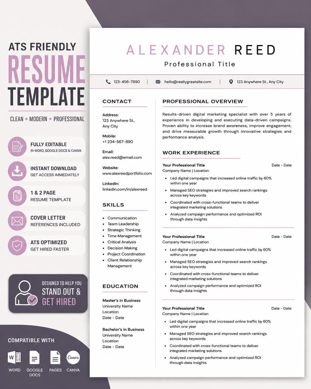 ATS Friendly Resume Template Word Google Docs Pages Canva, Minimalist ...