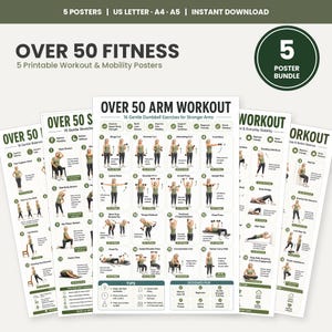 Könnte beinhalten: Ein Set aus fünf druckbaren Fitness-Postern mit dem Titel Over 50 Fitness, die Trainings- und Mobilitätsroutinen zeigen. Jedes Poster enthält sechzehn nummerierte Übungsillustrationen mit begleitenden Anweisungen.