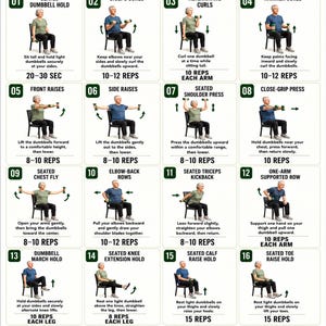Op de afbeelding: Een witte informatieposter met de titel CHAIR DUMBBELL WORKOUT FOR SENIORS met 20 genummerde illustraties van zittende halter-oefeningen. Elke sectie bevat een titel, een afbeelding van een persoon op een stoel en instructies voor herhalingen.