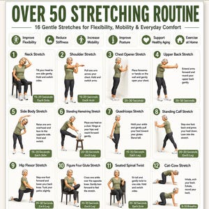 May include: A digital chart titled Over 50 Stretching Routine featuring 16 numbered illustrations of a person performing various stretches. Each section includes the name of the stretch, instructional text, and recommended duration for flexibility.
