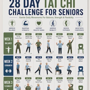 May include: A 28-day Tai Chi challenge chart for seniors featuring daily exercise illustrations, icons, and text. The layout includes four weeks of movements for balance, strength, and flexibility, with labels like US Letter, A4, A5, PDF, and 300 DPI PNG.