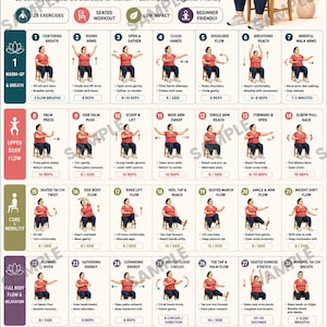 May include: A Tai Chi chair workout poster for weight loss featuring 28 illustrated seated exercises. The chart includes sections for warm-up, upper body flow, core mobility, and full body relaxation, with daily routine tips and a consistency tracker.
