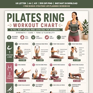 May include: A Pilates ring workout chart featuring 16 full body exercises for beginners. The poster includes text, exercise illustrations, and instructions for strength, core, tone, and flexibility. It is available in US Letter, A4, and A5 sizes.