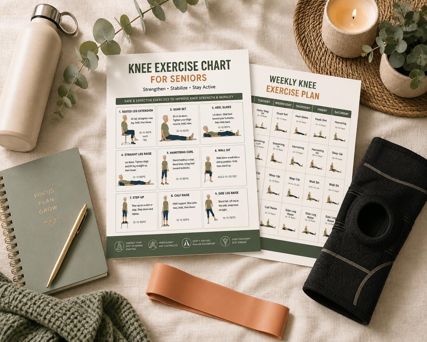 Knee Exercises Chart for Seniors Printable, Gentle Knee Strengthening ...