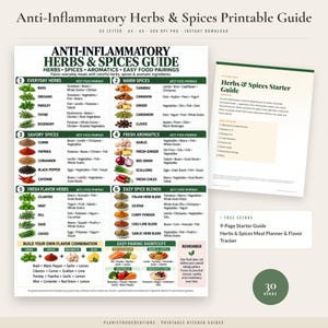 Könnte beinhalten: Ein druckbarer Leitfaden mit dem Titel Anti-Inflammatory Herbs & Spices Guide mit sechs kategorisierten Abschnitten für Kräuter, Gewürze und Aromaten mit Speisenkombinationen sowie einem Starter-Guide und einem 9-seitigen Essensplaner.