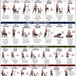 28-dniowe wyzwanie fitness dla kobiet po 50. roku życia, 4-tygodniowy program ćwiczeń o łagodnym charakterze, tabela siły, równowagi i mobilności, plakat dla początkujących seniorów w formacie PDF
