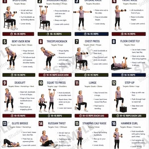 May include: A white informational poster titled DUMBBELL WORKOUT FOR WOMEN OVER 50 featuring 16 numbered exercise illustrations with instructions, target muscle groups, and repetition counts. Includes sections for workout guidelines, benefits, and safety.
