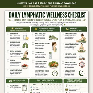 May include: A Daily Lymphatic Wellness Checklist document featuring sections for morning, throughout the day, and evening habits. It includes illustrations of water, lungs, exercise, food, and sleep, with checkboxes for tracking daily health routines.