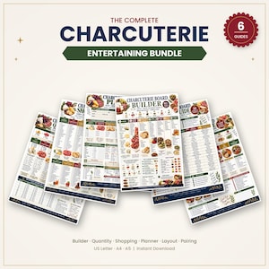 May include: A bundle of six printed guides titled The Complete Charcuterie Entertaining Bundle, featuring a Charcuterie Board Builder, quantity guides, shopping lists, planners, layout diagrams, and pairing charts with text in English.