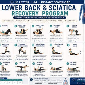 May include: A white and teal exercise guide titled "Lower Back & Sciatica Recovery Program." It features illustrations of various stretches and exercises, including pelvic tilts, knee-to-chest stretches, and hip flexors. The guide is designed for professional physiotherapy.