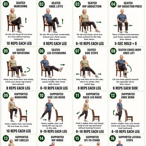 Può includere: Un poster didattico bianco intitolato Hip Strengthening Exercises for Seniors, con 16 illustrazioni numerate di movimenti da seduti e con supporto di una sedia. Ogni sezione include un'etichetta, istruzioni e il numero di ripetizioni.