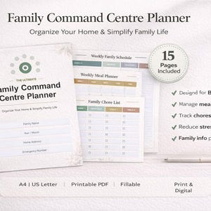 Op de afbeelding: Een familieplanner met de tekst "Family Command Centre Planner" en "Organize Your Home & Simplify Family Life". De planner bevat 15 pagina's en is ontworpen voor drukke gezinnen om maaltijden te beheren, taken bij te houden en stress te verminderen.