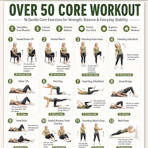 May include: A digital workout chart titled OVER 50 CORE WORKOUT featuring 16 numbered exercise illustrations with instructions for seated and standing movements, including knee lifts, marches, pelvic tilts, and planks, on a white background.