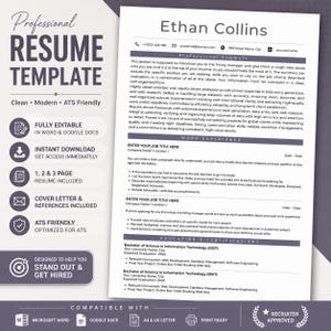Può includere: Modello di curriculum vitae professionale con un design pulito e moderno, compatibile con ATS. Include documenti Word e Google completamente modificabili, download immediato, curriculum di 1, 2 e 3 pagine, lettera di presentazione e referenze. Progettato per distinguerti.