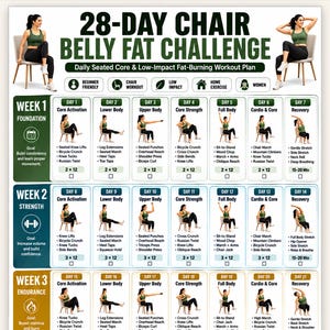 May include: A 28-day chair belly fat challenge workout plan chart featuring daily seated core and low-impact exercises. The document includes a structured schedule for four weeks, with illustrations of a person performing various seated movements.
