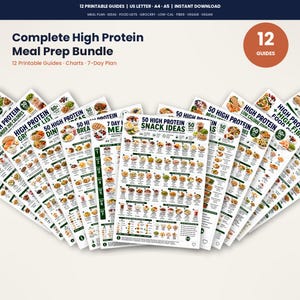 Op de afbeelding: Een verzameling van 12 printbare gidsen voor eiwitrijke maaltijdbereiding met schema's en een 7-daags plan. De documenten bevatten teksten zoals Complete High Protein Meal Prep Bundle en 50 High Protein Snack Ideas in een witte lay-out.
