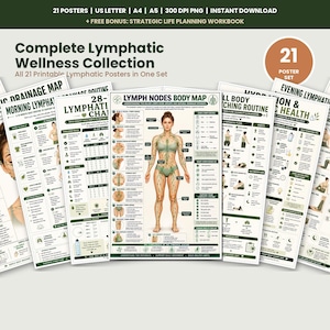 May include: A collection of 21 printable posters titled Complete Lymphatic Wellness Collection, featuring a central Lymph Nodes Body Map, morning and evening routines, and health charts with diagrams, text, and illustrations in green and white.