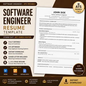 May include: A white resume template for a Software Engineer, with the text "Software Engineer Resume Template". The resume includes sections for professional summary, work experience, education, skills, and certifications. It is ATS friendly.