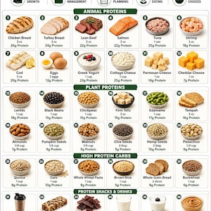 以下が含まれることがあります： High Protein Foods Chartと題されたインフォグラフィック。動物性タンパク質、植物性タンパク質、炭水化物、スナックのカテゴリーが番号付きで分類されています。各食品の分量とタンパク質量がグラム単位で記載された栄養ガイドです。