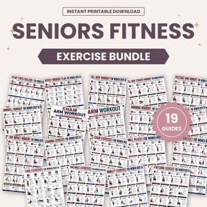 Puede incluir: Un paquete de ejercicios digital que incluye 19 guías imprimibles tituladas Seniors Fitness Exercise Bundle. Cada página muestra varias rutinas de entrenamiento con ilustraciones y texto, incluyendo títulos como Chair Arm Workout y Full Body Strength Workout.
