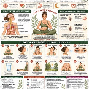 Peut inclure: Une infographie éducative intitulée Vagus Nerve Reset, présentant des schémas du système nerveux humain, des illustrations de techniques de relaxation et des guides textuels pour des pratiques corporelles et des routines quotidiennes.
