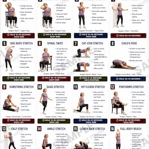 以下が含まれることがあります： Stretching Exercises for Women Over 50と題された白い説明ポスター。様々なストレッチを行う人物の16の番号付きイラストが掲載されています。各セクションには、手順、ターゲットとなる筋肉群、保持時間が記載されています。