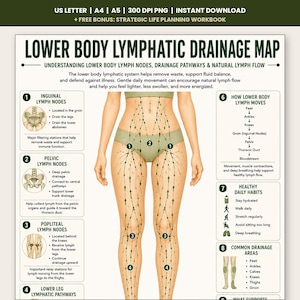 Poster stampabile con mappa del drenaggio linfatico della parte inferiore del corpo, schema dei linfonodi di gambe e piedi, percorsi di flusso stampabili, PDF per il benessere, download immediato.