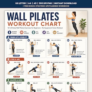Peut inclure: Un tableau d'exercices de pilates au mur numérique présentant 16 mouvements complets pour débutants. L'affiche comprend des illustrations pédagogiques d'une personne effectuant des exercices contre un mur, classées par catégories.