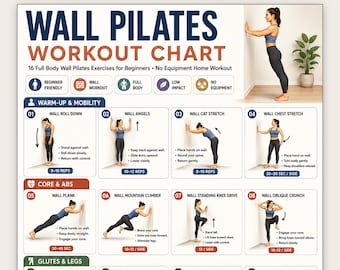 May include: A digital wall pilates workout chart featuring 16 full body exercises for beginners. The poster includes instructional illustrations of a person performing movements against a wall, organized by categories like warm-up, core, and glutes.