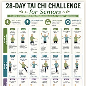 28-dagars Tai Chi-utmaning för seniorer, utskrivbart diagram | Skonsamt dagligt balansprogram för styrka och flexibilitet | Affisch för fitnesstracker för seniorer