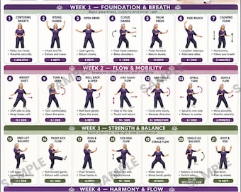 28-Day tai chi challenge for seniors 50+ Printable Chart | Gentle Daily Balance Strength & Flexibility Program | Senior Fitness Poster