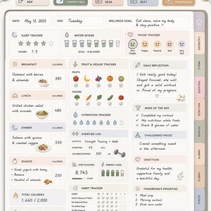 Könnte beinhalten: Digitales Ernährungs- und Wellness-Journal mit sauberem, minimalistischem Design. Enthält Essensplanung, Kalorien-Tracking, Stimmungstracking und Flüssigkeitsprotokolle. Enthält Schlaf-, Obst-, Gemüse- und Trainings-Tracker. Der Planer ist für 2026 und 2027 vordatiert.