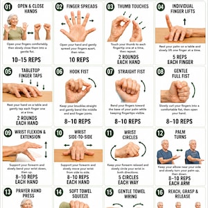 Puede incluir: Un gráfico instructivo titulado Hand & Wrist Exercises for Seniors que presenta 16 paneles numerados con ilustraciones e instrucciones de texto para la movilidad de las manos, el control de los dedos y la práctica de agarre.
