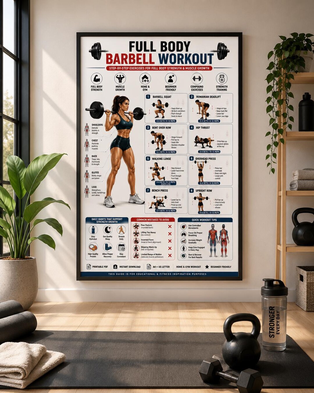 Full Body Barbell Workout Printable, Barbell Exercises for Home and Gym ...