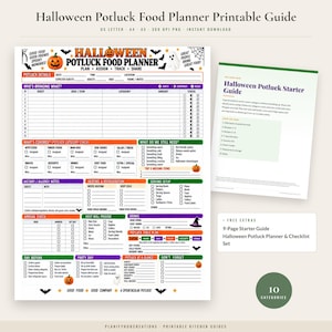 May include: A Halloween Potluck Food Planner printable guide featuring sections for guest lists, food categories, dietary notes, and a starter guide. The document uses orange, purple, and green accents with pumpkin and ghost graphics.